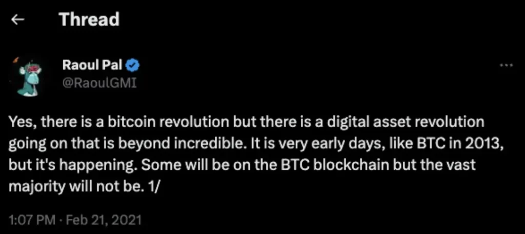 Raoul Pal tweet about Bitcoin.