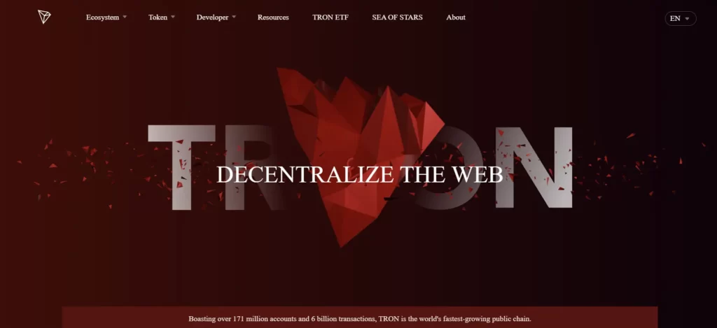 Tron Blockchain website Front image.