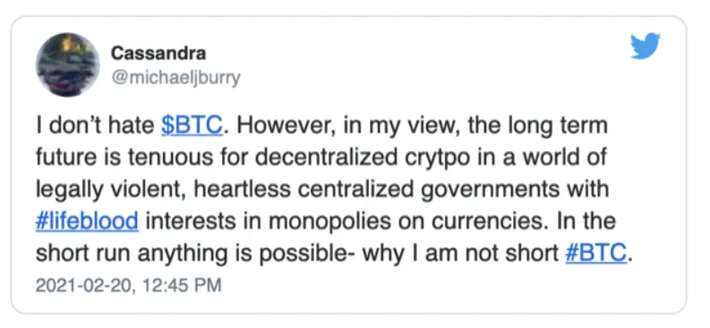 A image of michael burry's tweet about crypto currency and bitcoin