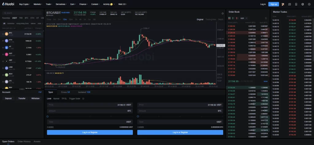 An overview of Huobi Trading page User interface.