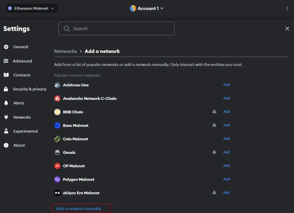 Adding a Network Manually feature in metamask to add zksync in metamask
