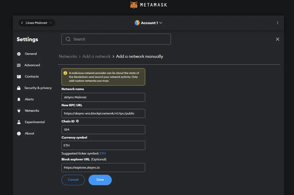 Entering zkSync's RPC Information into metamask