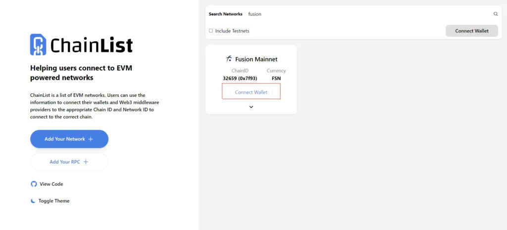 Step 3- of adding fusion network to metamask using chainlist