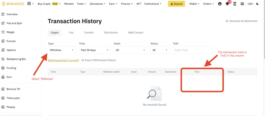 How to find transaction hash in binance